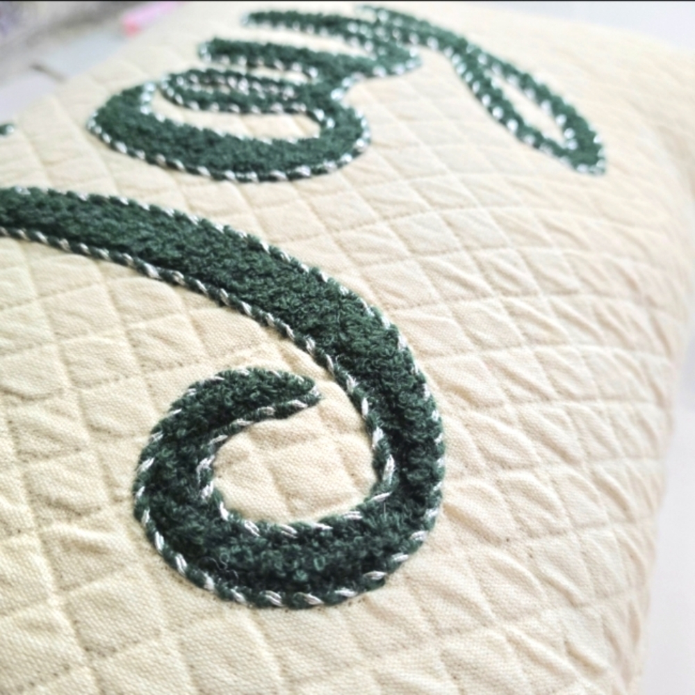 Christmas Lumbar Throw Pillow "Joy" Devi Designs Cream Green Pompoms